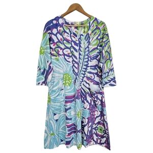 Atelier 5 By Gozde Yilmaz Colorful Floral Shift Dress Sz Large Blue Unique Basic